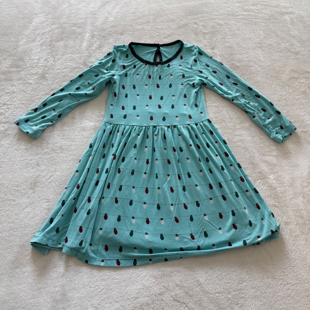 KicKee Pants Kids 4T Aqua Christmas Light Print Long Sleeve‎ Dress Girls